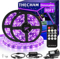 80ft Black Lights Strip with Remote, 1440 LEDs, 12V Flexible Blackights for Glow Party, Adjust Brightness, Delay Off, 3 Light Modes, Indoor Fluorescent Party, Stage Lighting