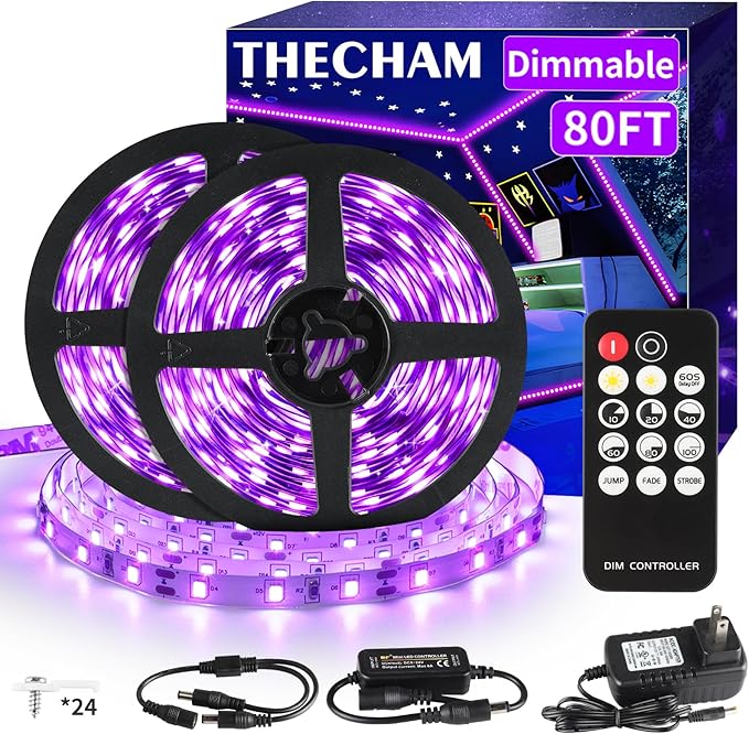 80ft Black Lights Strip with Remote, 1440 LEDs, 12V Flexible Blackights for Glow Party, Adjust Brightness, Delay Off, 3 Light Modes, Indoor Fluorescent Party, Stage Lighting