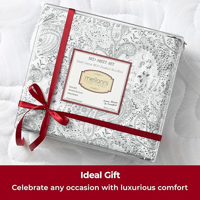 Mellanni King Sheets Set - 4 PC Iconic Collection Bedding - Hotel Luxury, Extra Soft, Cooling Bed Sheets - Wrinkle, Fade, Stain Resistant (King, Paisley Gray)