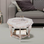 Hand Carved Wooden Octagon Coffee Table, 24"x24"x18" White wash Farmhouse Accent End Table, Rustic Foldable Side Table Nightstand for Bedroom, Dining Room & Living Room