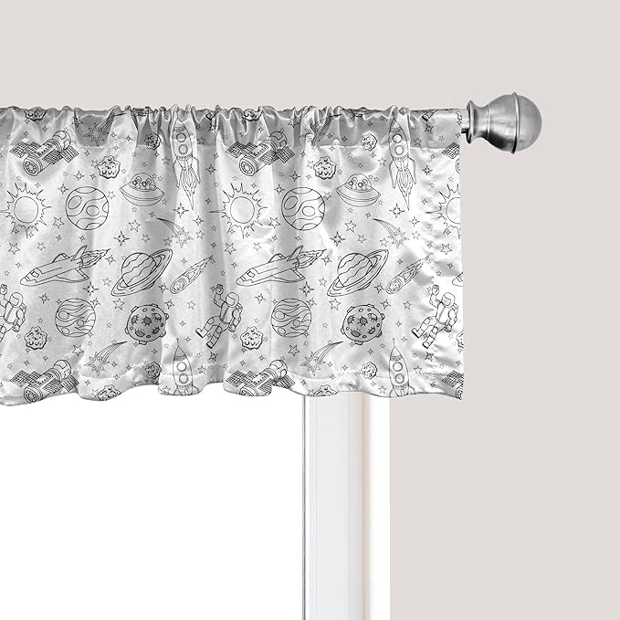 Ambesonne Cartoon Window Valance, Doodle Solar System Astronauts Space Crafts Shooting Stars Science Fiction Theme, Curtain Valance for Kitchen Bedroom Decor with Rod Pocket, 54" X 12", White Black