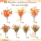 Artificial Fake Mums Flowers Plants for Outdoors Autumn Fall Decoration,16 Bundles Faux mums Mix Silk Glory UV Sun Resistant, Realistic Fall Flowers for Planter Porch Patio Yard Balcony Home Decor