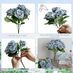 Artificial Roses Bouquets - 8 Bundles Fake Silk Flowers Realistic Faux Florals Bulk for Wedding Bridal Party Baby Shower Event Home Arrangements Centerpieces Decorations (Dusty Blue)