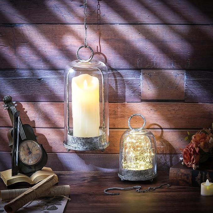5" & 4" Wide Versatile Metal Candle Holder in Shabby Black with Handmade Thick & Sturdy Glass Dome Cover for Pillar Candle & Plants, Industrial, Farmhouse (2, Black Shabby, Large & Small)