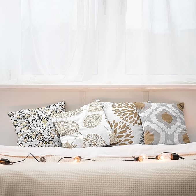 Ambesonne Vintage Throw Pillow Cushion Case Pack of 4, Bohemian Ornamental Leaves Dahlia Pattern Geometric Art Curlicue, Modern Accent Double-Sided Digital Printing, 18", Pale Brown Grey White