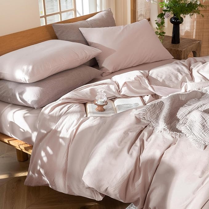 MooMee Bedding Duvet Cover Set 100% Washed Cotton Linen Like Textured Breathable Durable Soft Comfy (Heathered Greyish Pink, Queen 90"x90")