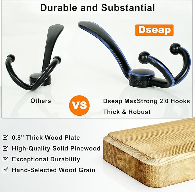 Dseap Coat Rack Wall Mounted - 24" Long 6 Tri Hooks, Heavy Duty Wooden Wall Coat Hanger Coat Hook for Clothes Hat Jacket Clothing, Black, Pack of 2