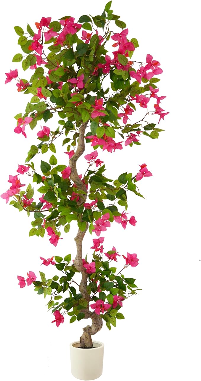 6ft Artificial Bougainvillea Tree, Fake Bougainvillea Pink Flower Silk Plant in White Planter, Faux Blooming Topiary Tree for Indoor Outdoor Home Office Wedding Décor