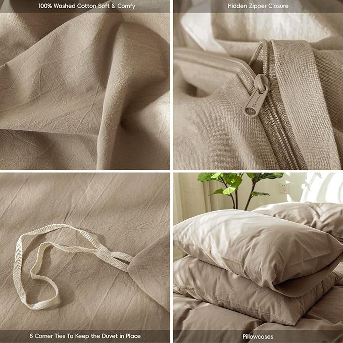 MooMee Bedding Duvet Cover Set 100% Washed Cotton Linen Like Textured Breathable Durable Soft Comfy (Solid Mocha Brown, Super King 108"x98")