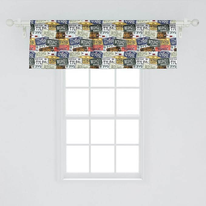 Ambesonne Vintage Window Valance, Original Retro Style License Plates Personalized Creative Travel Vacation, Curtain Valance for Kitchen Bedroom Decor with Rod Pocket, 42" x 18", Green Blue Yellow