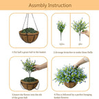 Artificial Hanging Flowers Basket for Outdoor, 16 Fake Flowers Look Real UV Resistant, Faux Hanging Plants for Porch, Balcony, Patio, Garden, Spring Summer Decor,Blue