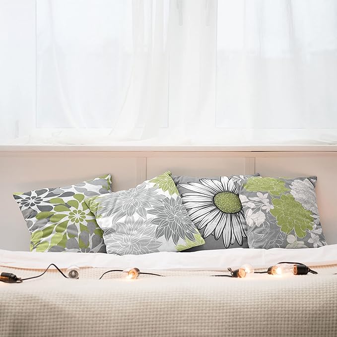 Ambesonne Floral Throw Pillow Cushion Case Pack of 4, Flower Petals Color Palette Chamomile Peony Dahlia and Sunflower, Accent Double-Sided Digital Printing, 18", Grey Pastel Green