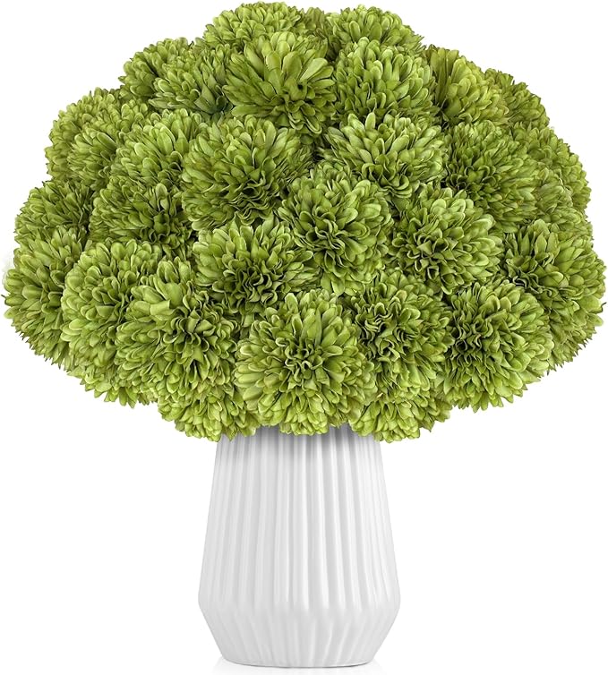 36 Pcs Artificial Chrysanthemums Flowers Green Ball Flower Silk Fake Mums Flowers for Home Decor Outdoor Wedding Floral Arrangement St Patricks Day Table Centerpiece