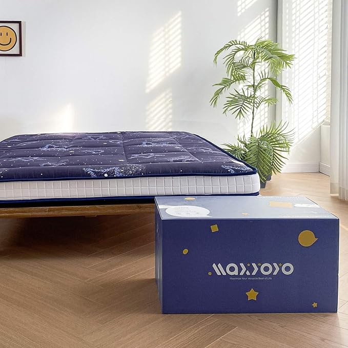 MAXYOYO Japanese Moon and Star Full Size Futon Mattress, Blue, Plush, 54"W x 80"L x 4"H, Foldable, Breathable, Reinforced Support, Moon and Star Pattern, Bedroom, Floor, Guest Room, Tent, Teepee