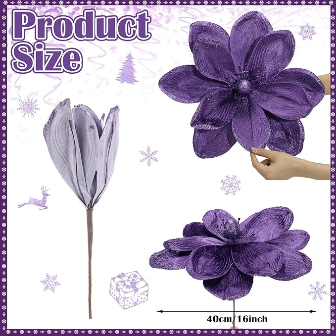 8 Pcs Large Christmas Flower Magnolia Flowers Christmas Tree Decoration Artificial Poinsettia Stems Velvet Xmas Ornaments for Xmas Tree Table Decor(Purple,16 Inch)