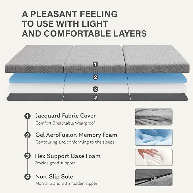 MLILY Tri-Fold Memory Foam Mattress, 4 inch Twin XL Folding Mattress with Collapsible and Washable Cover, Travel and Guest Mat, 80"×38"×4", Grey