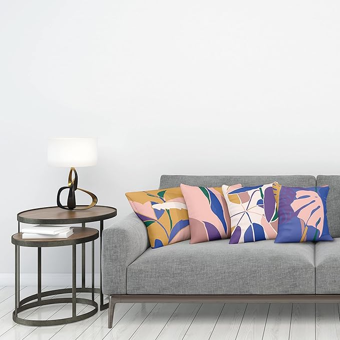 Ambesonne Exotic Throw Pillow Cushion Case Pack of 4, Tropical Themed Leaves Branches Monstera Plant Summer Vibes Pastel, Modern Accent Double-Sided Digital Printing, 16", Peach Blue Violet Mustard