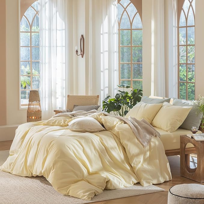 MooMee Bedding Duvet Cover Set 100% Washed Cotton Linen Like Textured Breathable Durable Soft Comfy (Heathered Butter Yellow, Cal King 104"x98")