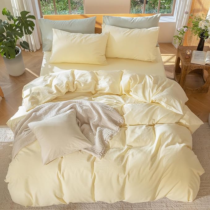 MooMee Bedding Duvet Cover Set 100% Washed Cotton Linen Like Textured Breathable Durable Soft Comfy (Heathered Butter Yellow, King 104"x90")