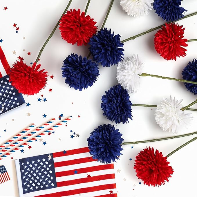 36 Pcs Artificial Chrysanthemums Flowers Patriotic Flowers Decor 4th of July Fake Silk Flowers Bouquet for Home Decor Indoor Memorial Day Table Centerpiece (Red, White, Blue)