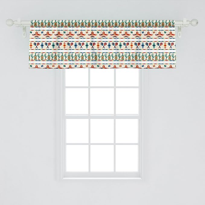 Ambesonne Mexican Window Valance, Latin American Cultural Native Borders Indigenous Saguaro Sombrero Tequila Bottle, Curtain Valance for Kitchen Bedroom Decor with Rod Pocket, 54" X 18", Jade Green