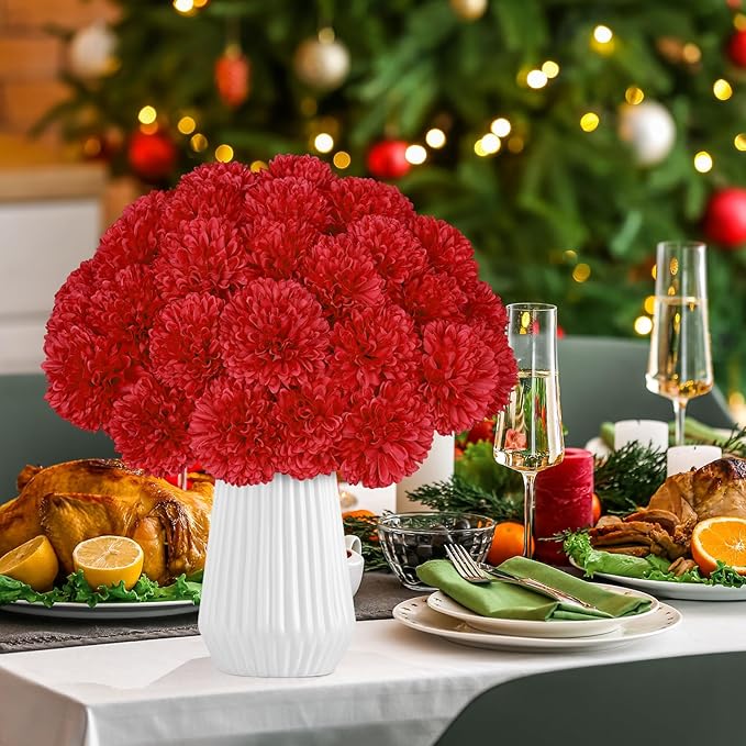 36 Pcs Artificial Chrysanthemums Flowers Red Flowers Fake Mums Silk Flowers for Spring Home Decor Christmas Floral Arrangement Halloween Table Centerpiece