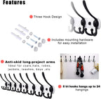 Dseap Coat Rack Wall Mount - 29.5” Long 8-Tri-Hooks Heavy Duty Coat Hanger Rail Wall Hooks for Hanging Coats Hats Clothing Clothes Purse Mudroom Entryway, White & Black