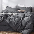 MooMee Bedding Duvet Cover Set 100% Washed Cotton Linen Like Textured Breathable Durable Soft Comfy (Heathered Dark Grey, Queen 90"x90")