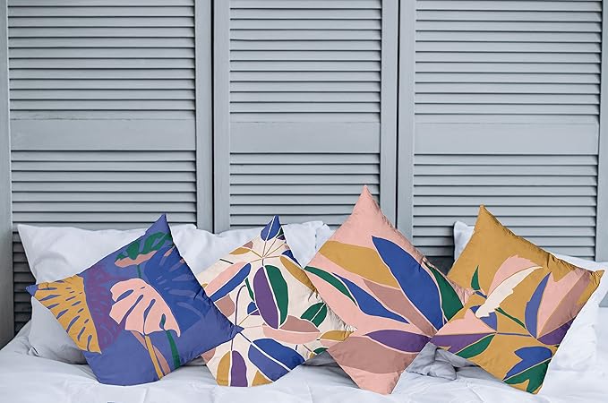 Ambesonne Exotic Throw Pillow Cushion Case Pack of 4, Tropical Themed Leaves Branches Monstera Plant Summer Vibes Pastel, Modern Accent Double-Sided Digital Printing, 16", Peach Blue Violet Mustard