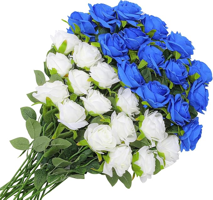32 Pcs Blue, White Artificial Flowers Roses Fake, Silk Flowers with Stems for DIY Wedding Gothic Bridal Shower Centerpieces Arrangements Tables Decorations
