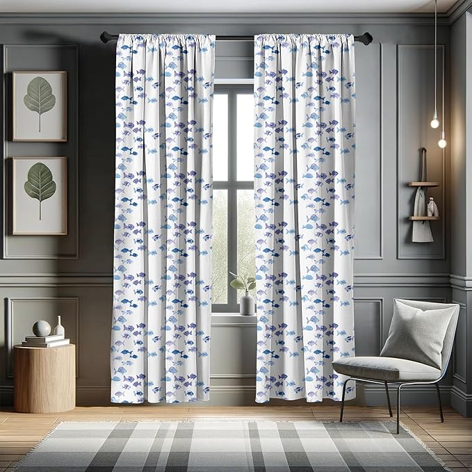 Ambesonne Animal Window Curtains, Little Fishes Watercolors Ocean Underwater Life Marine Theme Art, Lightweight Decor 2-Panel Set with Rod Pocket, Pair of - 28" x 95", Blue