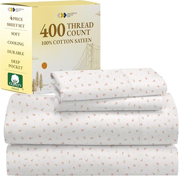California Design Den Full Size Bed Sheets Set - 400 Thread Count Sateen, Natural 100% Cotton Sheets, Deep Pocket Cooling and Durable Bedding - Soft Floral