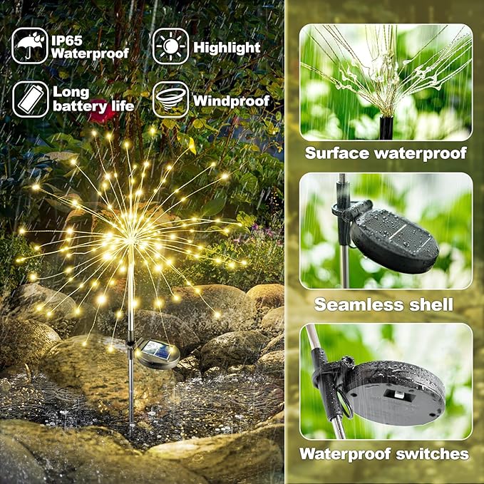 Anordsem Solar Lights Outdoor Decorative: Bendable Copper Wire with 120 LED Firework Beads - Waterproof DIY Warm Fun Decorating Yard Garden Patio - Christmas Gifts for Homeowner Over 30