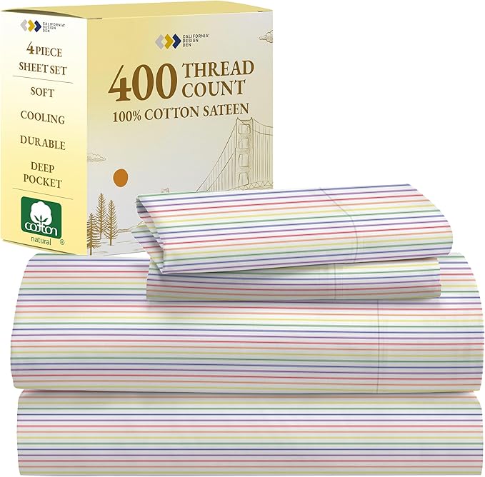 California Design Den Striped Queen Sheet Set - 400 Thread Count Sateen, Natural 100% Cotton Sheet Set Queen Size, Deep Pocket Cooling and Durable Bedding - Rainbow Striped