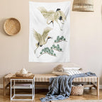 Lunarable Bird Tapestry, 2 Japanese Cranes Flying Traditional Painting Style Far Eastern Illustration, Fabric Wall Hanging Decor for Bedroom Living Room Dorm, 30" X 45", Ivory Green Black