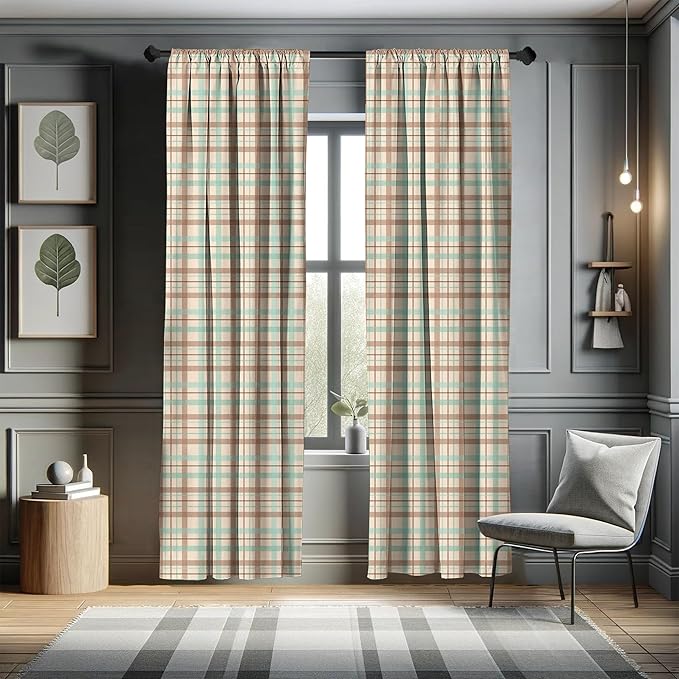 Ambesonne Plaid Curtains, Scottish Country Style Tartan with Abstract Design Diagonal Striped Lines, Window Treatments 2 Panel Set for Living Room Bedroom, Pair of - 28" x 63", Mint Green