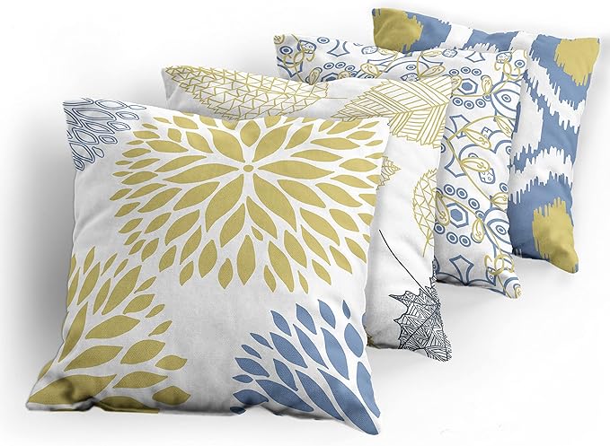 Ambesonne Vintage Throw Pillow Cushion Case Pack of 4, Bohemian Ornamental Leaves Dahlia Pattern Geometric Art Curlicue Motif, Modern Accent Double-Sided Digital Printing, 24", Mustard Dark Ceil Blue