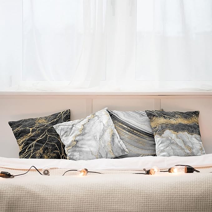 Ambesonne Marble Throw Pillow Cushion Case Pack of 4, Obsidian Like Ornaments Natural Stone Stains and Veins Golden Yellow Tone, Modern Accent Double-Sided Digital Printing, 20", Charcoal Grey Coconut