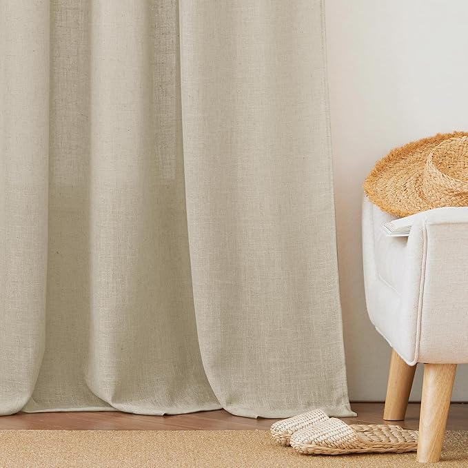 RYB HOME Flax Linen Blend Curtains - Semi Translucent Privacy Kitchen Curtains, Light Glare Control Window Drapes for Bathroom Closet Nursery, 52" W x 63" L, 2 Pcs, Beige