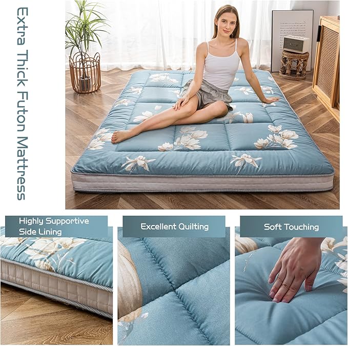 MAXYOYO Floral Printed Futon Mattress, Padded Japanese Floor Mattress Quilted Bed Mattress Topper, Extra Thick Folding Sleeping Pad Breathable Floor Lounger Guest Bed for Camping Couch, Queen Size