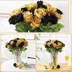 72 Pcs Artificial Roses Gold, Black Fake Silk Roses Realistic Roses Faux Flower Indoor Wedding Home Decor, Birthday Decorations