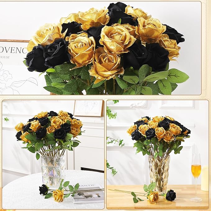 72 Pcs Artificial Roses Gold, Black Fake Silk Roses Realistic Roses Faux Flower Indoor Wedding Home Decor, Birthday Decorations