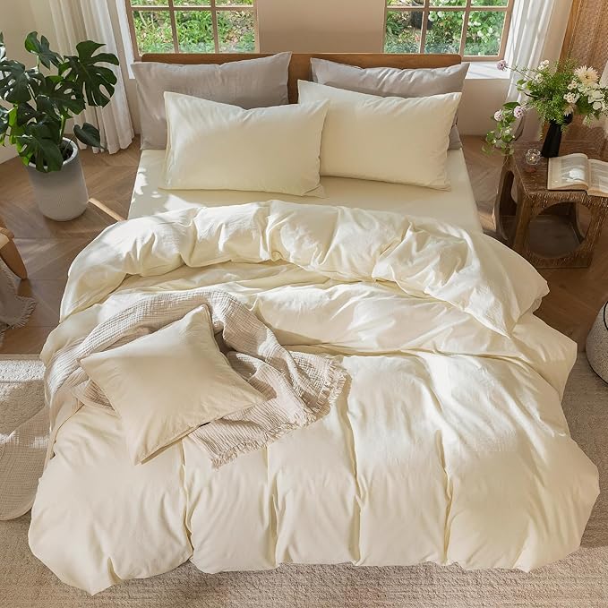 MooMee Bedding Duvet Cover Set 100% Washed Cotton Linen Like Textured Breathable Durable Soft Comfy (Solid Cream White, Palatial King/Oversized King 120"x98")