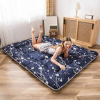 MAXYOYO Japanese Floor Mattress Navy Floral Printed Futon Mattress Foldable Floor Bed Roll Up Camping Mattress Floor Lounger Queen Size Bed Mattress