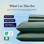 California Design Den Natural 100% Cotton Sheets, Soft Queen Sheet Set, 400 Thread Count Sateen, Deep Pockets with All-Around Elastic for a Snug Fit, Cool & Durable Bedding Set - Hunter Green