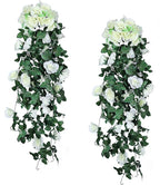 RECUTMS Artificial Plants Hanging 2Pieces 3.3Ft Rose Plant Flowers Vines Wedding Home Office Arch Arrangement Decoration (White)