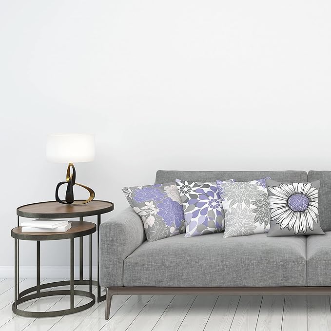 Ambesonne Floral Throw Pillow Cushion Case Pack of 4, Flower Petals Modern Color Palette Chamomile Peony Dahlia and Sunflower Print, Modern Accent Double-Sided Digital Printing, 20", Lavender and Grey