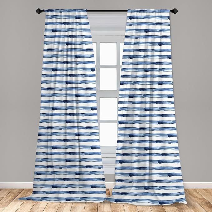 Ambesonne Harbour Stripe Window Curtains, Watercolor Style Paintbrush Stripes Sea Marine Life Lines Image, Lightweight Decor 2-Panel Set with Rod Pocket, Pair of - 28" x 95", Blue Night