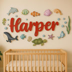 Custom Nursery Name Sign with Themed Decor Kit | Personalized Wooden Wall Art for Baby, Kids Room | Space, Jungle, Circus, Under the Sea, Woodland, Rainbow (20", Under the Sea)