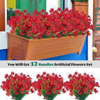 Lnoicy 12 Pcs Artificial Flowers for Outdoor,Plastic Flowers Decoration, UV Resistant Faux Flowers Shrubs, Artificial Plants for Indoor Outside Garden Home Wedding Farmhouse（Red）